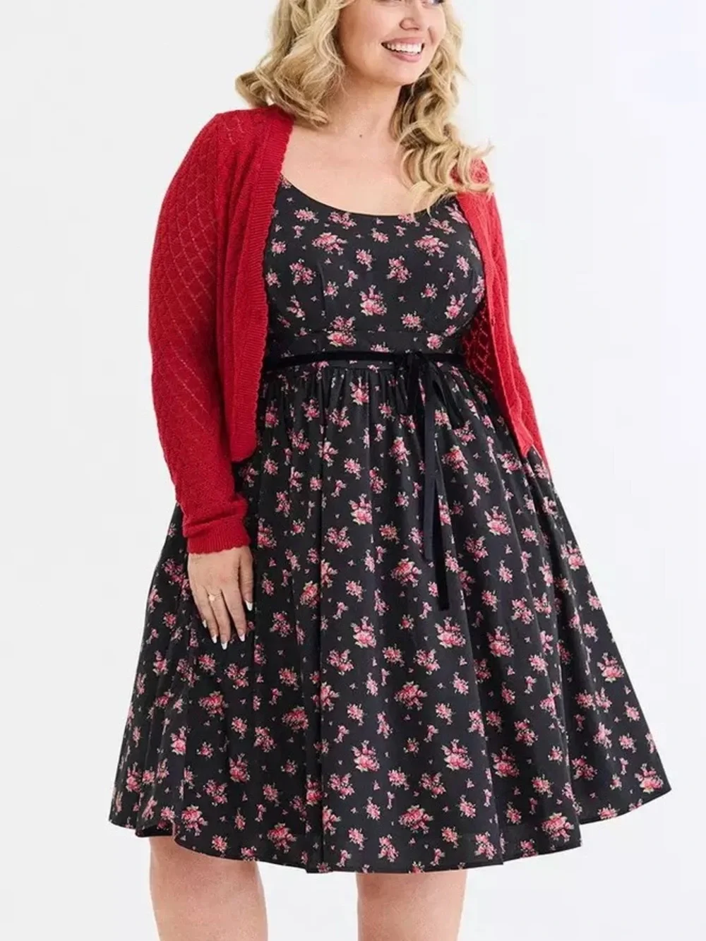 Retro Chic By Torrid Sz 00 US M/L 10 Black Floral Pin Up Belted Swing Dress NWT